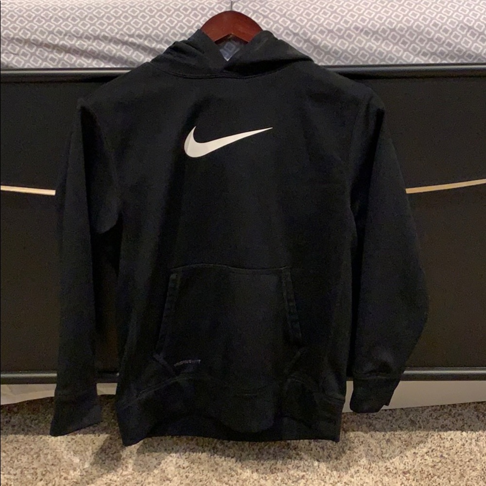 A Nike brand, kids large, black sweatshirt.